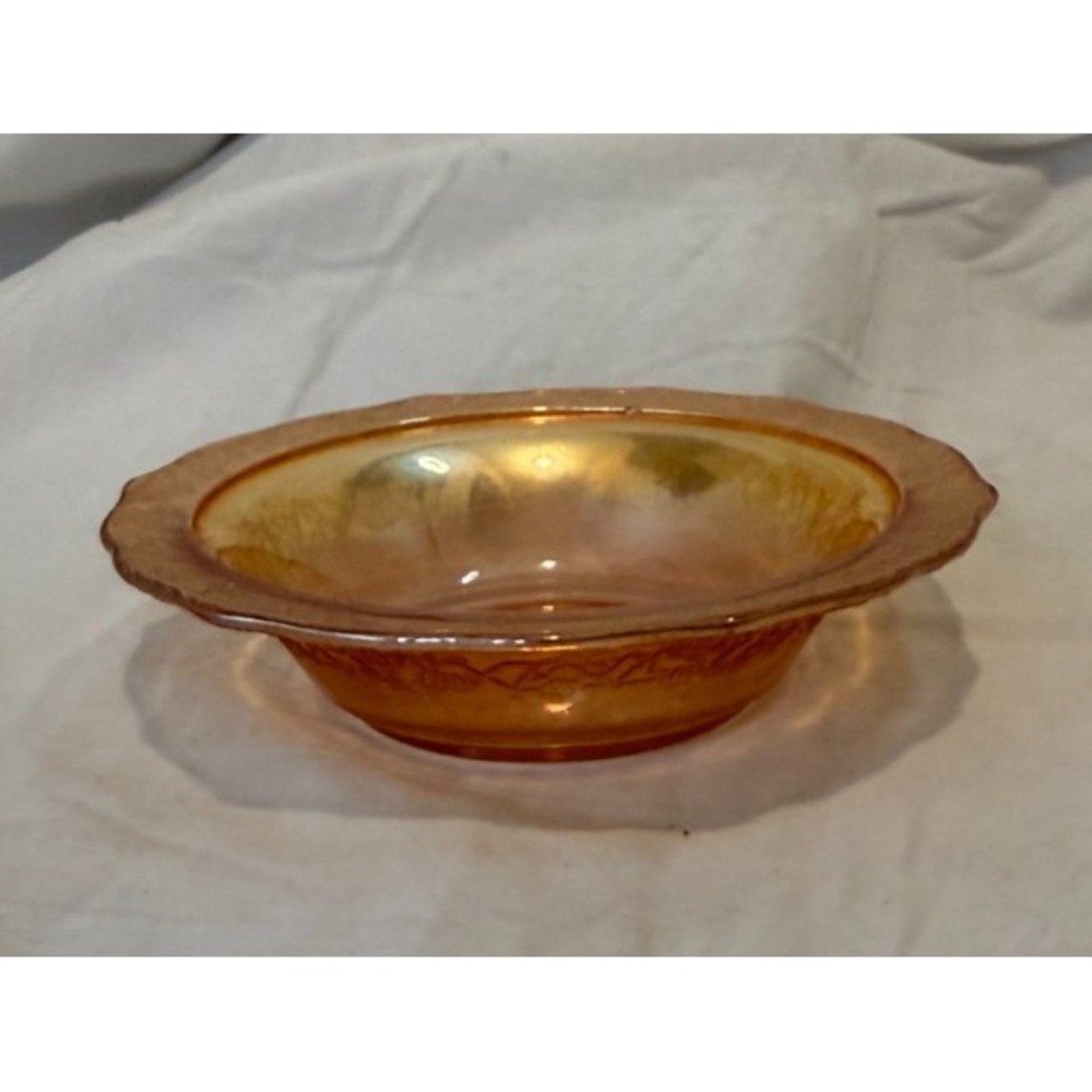 Normandie Bouquet Lattice Marigold Carnival Glass Dessert Bowl 5"